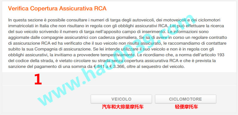 意大利 RCA 查询页面第一步：选择汽车或轻便摩托车